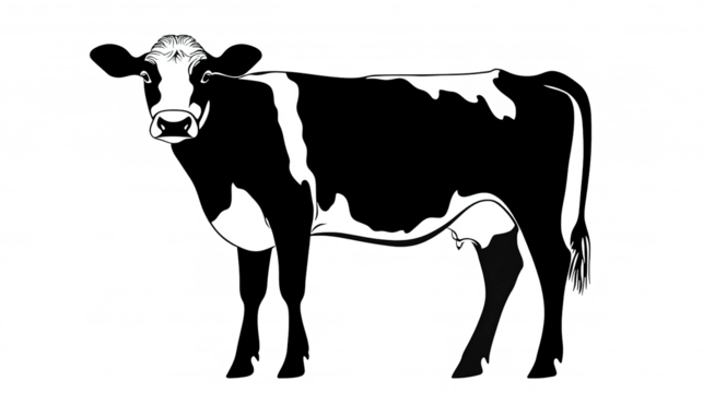 Dairy cow silhouette, walking pose, minimalistic, transparent background.