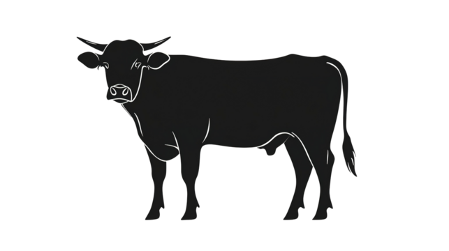 Dairy cow silhouette, angled view, simplistic lines, transparent background.