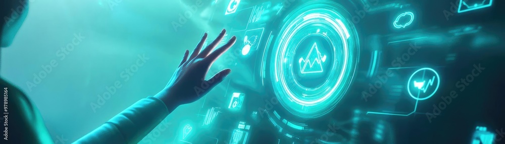 Poster a futuristic hand interacting with a glowing interface, showcasing advanced technology and digital i