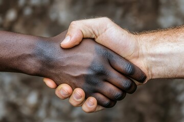 Fototapeta premium A powerful image of two hands shaking, one with lighter skin and the other with darker skin, symbolizing mutual respect, friendship, unity, and cooperation across differences.