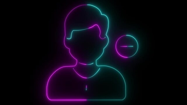 abstract glowing neon neon line friend delete icon purple cyan color animation on dark background.