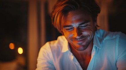 Fototapeta premium Man Using Smartphone in Low Light