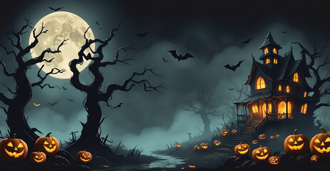 A spooky haunted house under a full moon, surrounded by eerie trees, glowing jack-o'-lanterns, and bats flying overhead