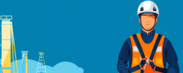 Factory worker with safety harness and fall protection, flat design illustration