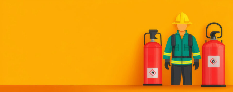Fire safety training with fire extinguishers and protective gear, flat design illustration - Powered by Adobe