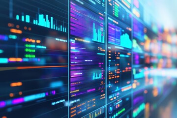 A futuristic control room filled with screens showing sales data, trends, and AIgenerated business forecasts in bright colors