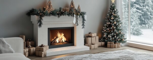 Cozy living room with Christmas decorations, lit fireplace, decorated tree, and presents. Holiday warmth and festive home decor ideas.