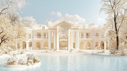 Fototapeta premium Luxury Villa with Swimming Pool and White Trees