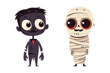 A vampire and a mummy, front view, cute simple drawing style, flat design, simple, minimalist, vector illustration isolated on white background