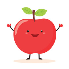 Apple with arms and legs and a smiling face, flat design, vector image in children's book style isolated on white