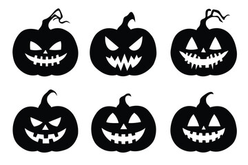 Black silhouette of cute jack o lantern vector set isolated on white
