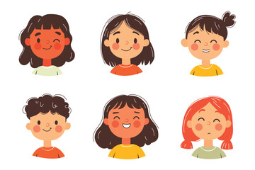 Cartoon children's faces vector set isolated on white