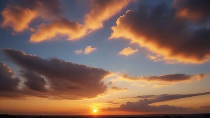Obraz premium Sunset sky with colorful clouds and a sun setting behind the horizon.