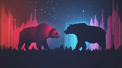 Bull and bear market illustration, stock market trends background. Copy space