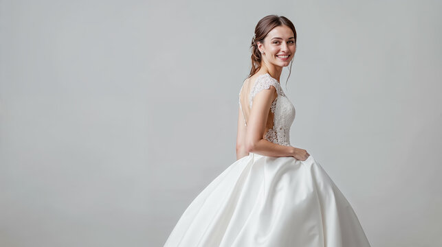 femme de type europ&eacute;enne,  debout et habill&eacute;e en robe de mari&eacute;e blanche sur fond gris clair