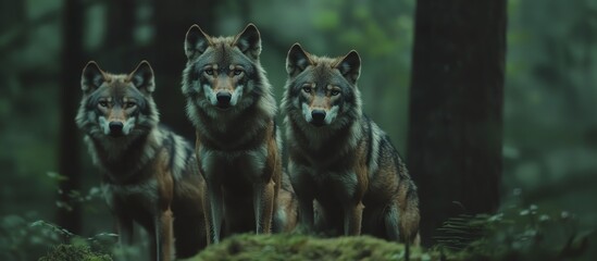 Three wolves standing together in a dark, dense forest, gazing intently, showcasing natural wildlife behavior and majestic animal beauty.