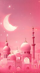 A dreamy pink landscape featuring domed architecture and a crescent moon.