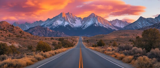 Scenic road leading to snow-capped mountains under a vibrant sunset sky. Perfect for travel, adventure, and nature themes.