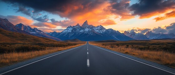 Long empty road leading towards majestic snow-capped mountains under a vibrant sunset sky, capturing the essence of adventure and tranquility. - Powered by Adobe