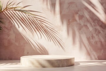 Minimal product placement background with palm shadow on beige plaster wall Luxury summer architecture interior aesthetic Boho home room for product platform stage mockup