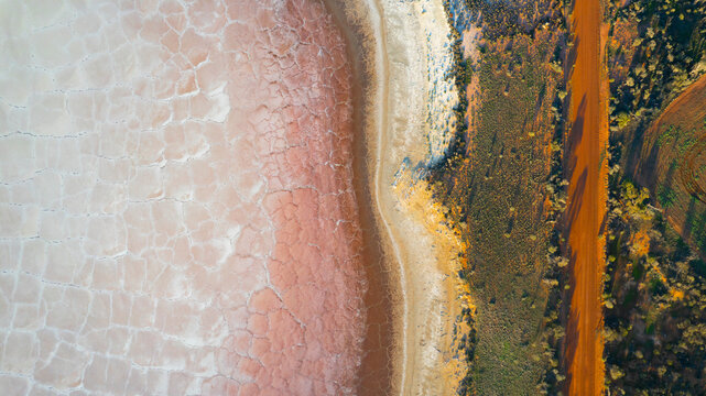 Aerial view of abstract salt lake with beautiful patterns and colors, Damboring Nature Reserve, Perth Wheatbelt Region, Australia.