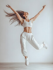 A sporty girl leaps joyfully into the air, her face beaming with happiness. Dressed in athletic gear, her dynamic pose and energetic expression capture 