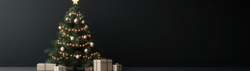 Elegant Christmas tree decorated with lights and ornaments, surrounded by neatly wrapped gifts against a dark background.