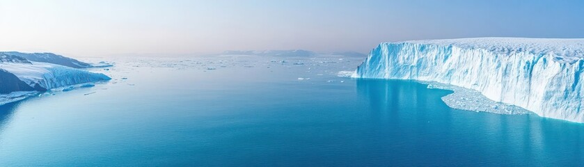 A glacier melting into the ocean, with the freshwater mixing into the salty sea, disrupting the ecosystem and illustrating rising global temperatures