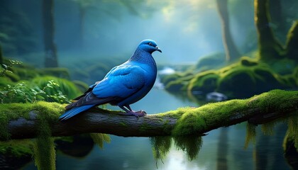 Fototapeta premium Pigeon bird on a branch, blue pigeon on branch with moss, background a forest and a river, fog pigeon birds on a water 