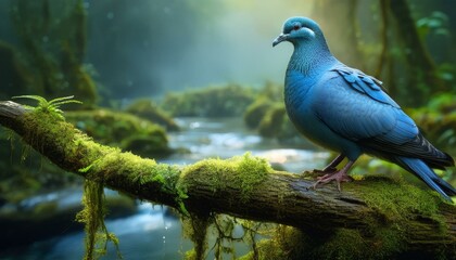 Fototapeta premium Pigeon bird on a branch, blue pigeon on branch with moss, background a forest and a river, fog pigeon birds on a water 