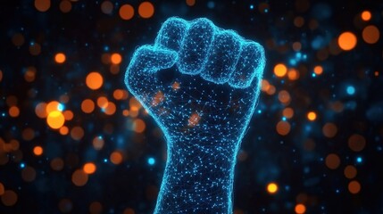 Fist raised up, fist made of glowing blue digital data points and connections