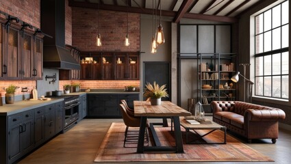 Modern industrial kitchen with exposed brick wall, wooden beams, and large windows