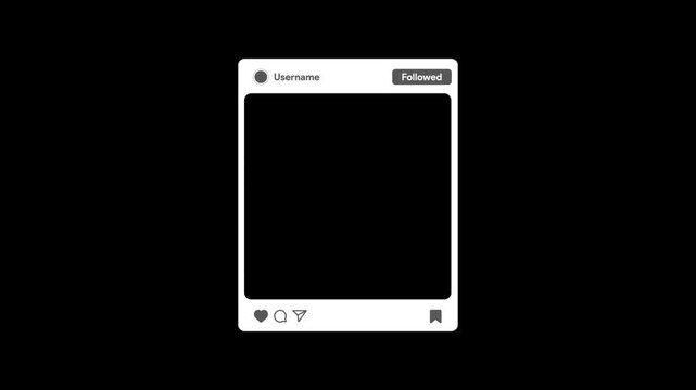 Social media post template. Instagram, x publication mock-up. Twitter like, share, comment, save icon. Blog banner frame animation. Follow button click. 4K Mov Alpha Video with transparent background