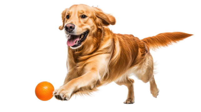 Happy golden retriever puppy playing with a ball