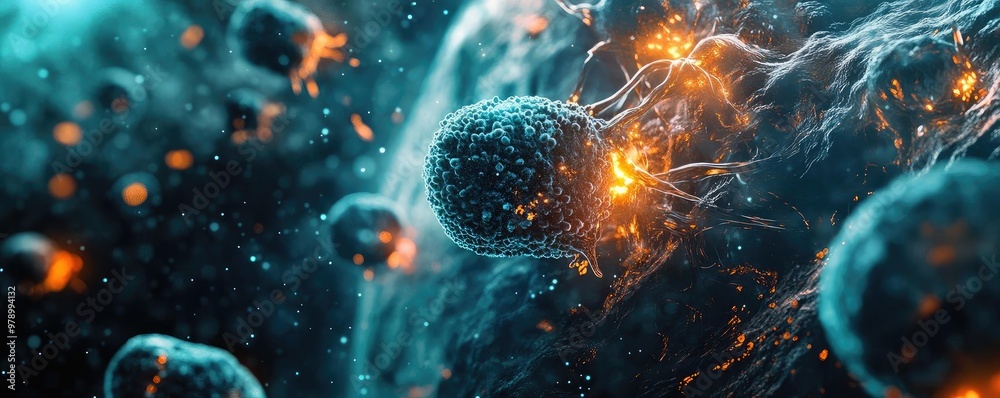 Poster microscopic view of glowing cells in a vibrant, dynamic environment, showcasing the intricacies of l