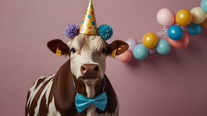 Naklejka premium Creative animal concept. cow in party cone hat necklace bowtie outfit isolated on solid pastel background advertisement, copy text space. birthday party invite invitation