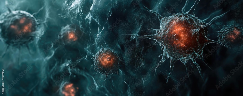Poster abstract image of glowing cells in a dark environment, illustrating concepts of biology, microbiolog
