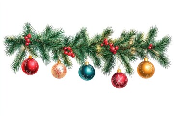 Horizontal Christmas tree branch with Christmas tree balls, new year and Christmas decor, isolated on a white background