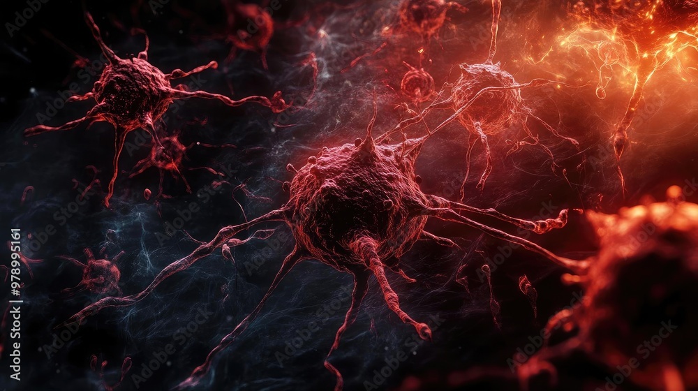 Aufkleber Abstract representation of microscopic cells in vibrant red colors, showcasing the complexity of cellular structures in a dark background.