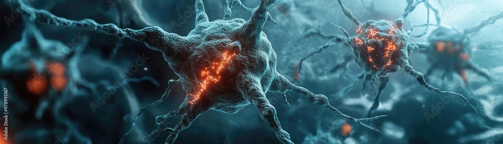 Poster close-up view of neurons showcasing intricate structures and vibrant colors, representing the beauty