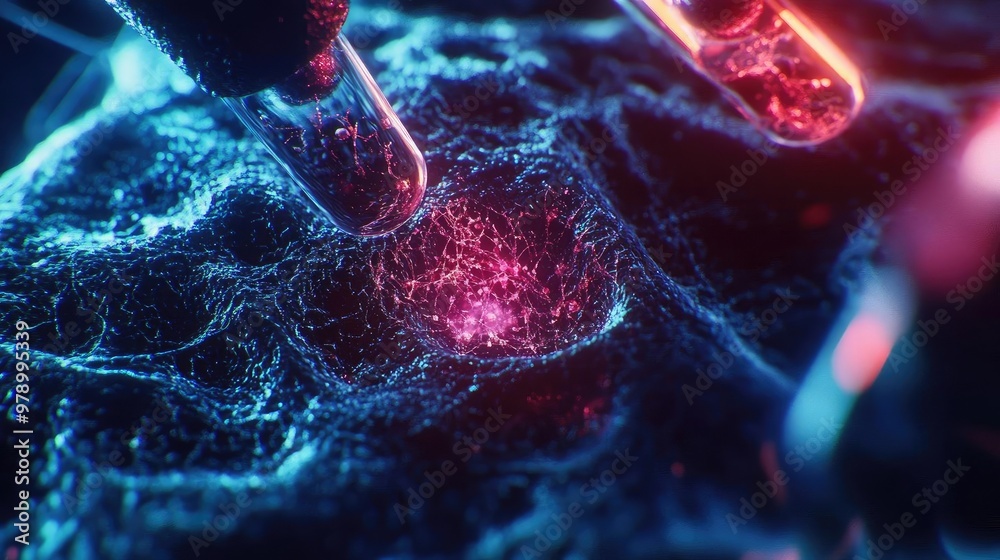 Poster close-up of glowing test tubes interacting with vibrant, cellular structures, illustrating the marve
