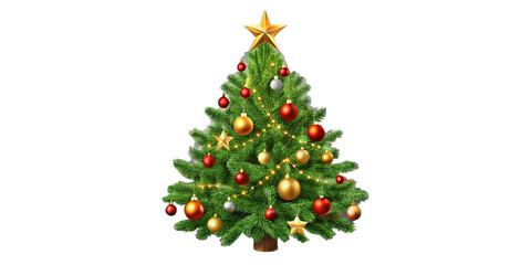 Vector christmas tree isolated on transparent background. Beautiful shining christmas tree with decorations - balls, garlands, bulbs, tinsel and a golden star at the top. Realistic style. Eps 10