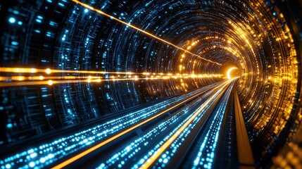 Obraz premium Futuristic Tunnel with Glowing Lights and Digital Lines