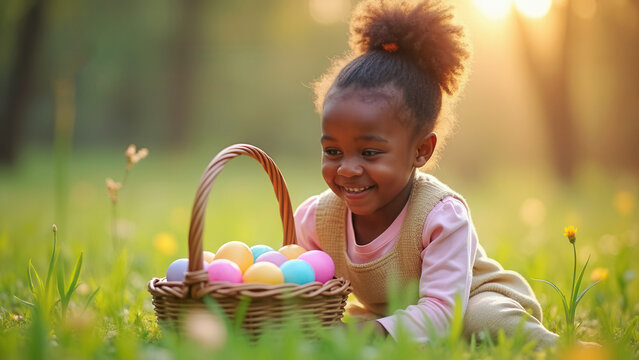 Cute happy girl with easter eggs and copy space