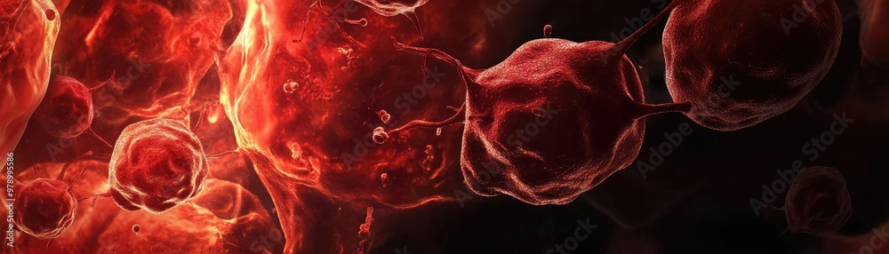 Poster abstract view of glowing red cells, showcasing intricate details and textures, perfect for healthcar