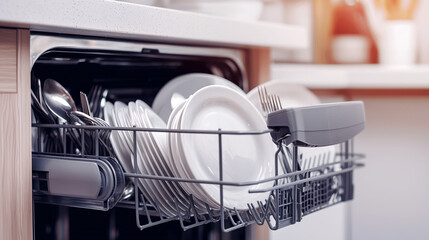 Close-up of a dishwasher loaded with clean dishes.
