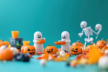 A group of friendly ghosts carving jackolanterns in a pumpkin patch, while a few playful skeletons are arranging them for a Halloween display