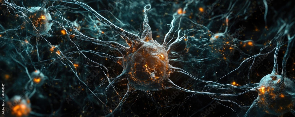 Poster Dynamic illustration of interconnected neurons showcasing their intricate structures and glowing synapses in a dark background.