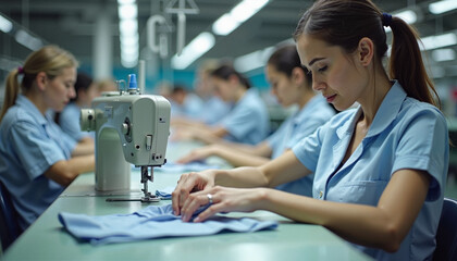 Female workers sewing garments in a textile factory production line