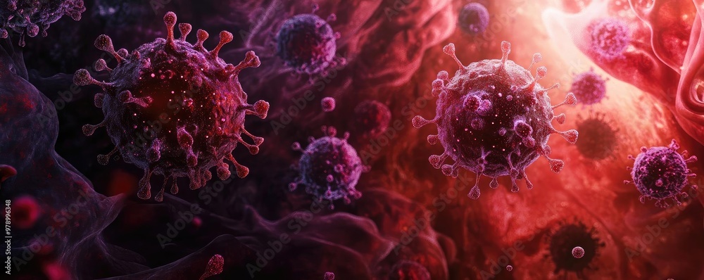 Poster abstract illustration of virus cells in a colorful and dynamic environment, depicting the complexity